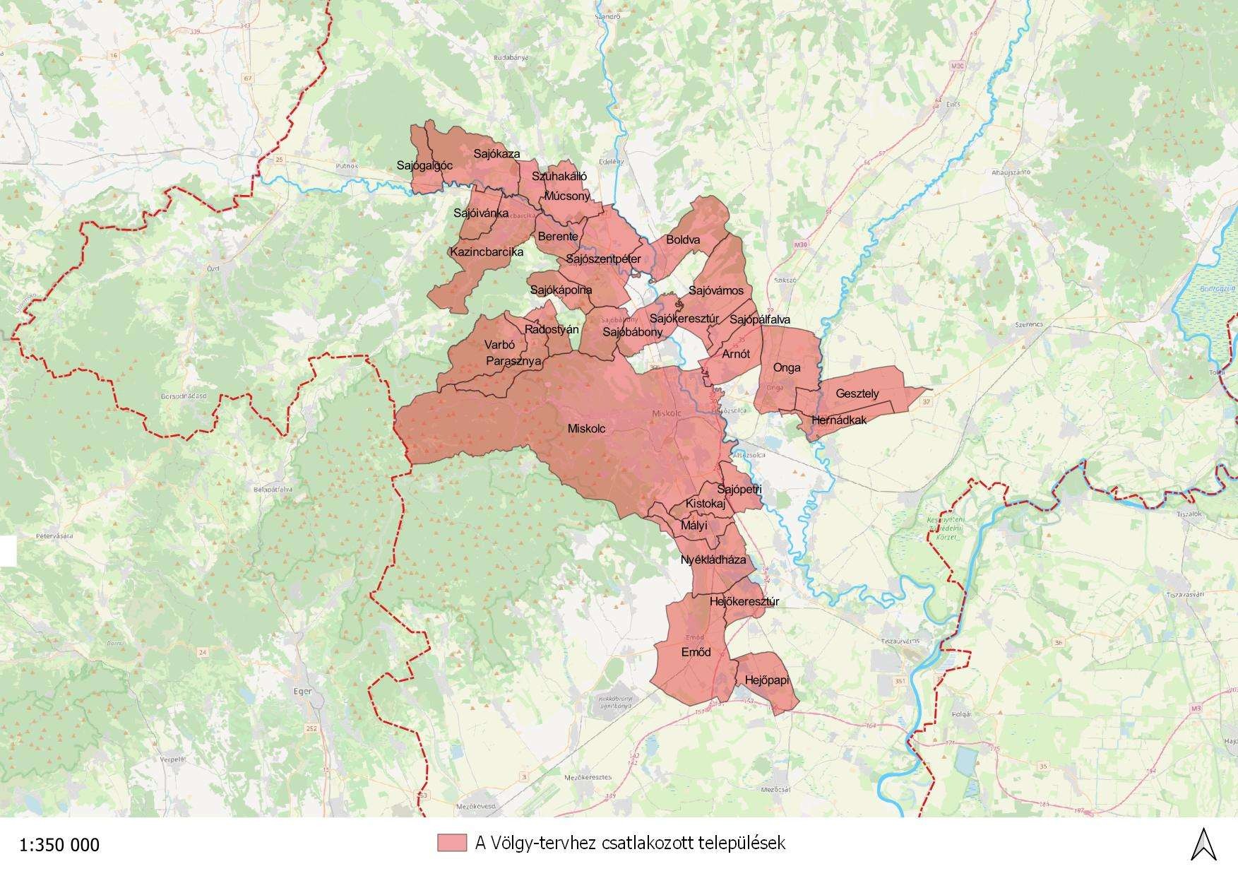 A Bükk–Sajó Net Zero Acceleration Valley 29 csatlakozott települése térképen, körülhatárolt területtel